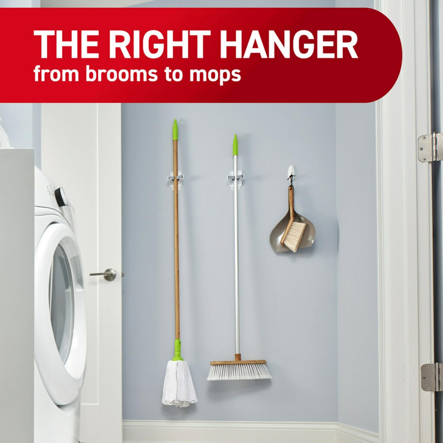 Command Broom & Mop Grippers, 2 Hangers with 4 Strips, Damage-Free Wall Mount Holder for Cleaning Tools, Organizing & Storage, Holds up to 4lb