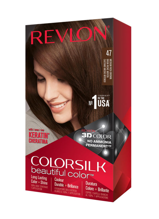 Revlon Permanent Hair Color, Permanent Hair Dye, Colorsilk with 100% Gray Coverage, Ammonia-Free, Keratin and Amino Acids, 47 Medium Rich Brown, 4.4