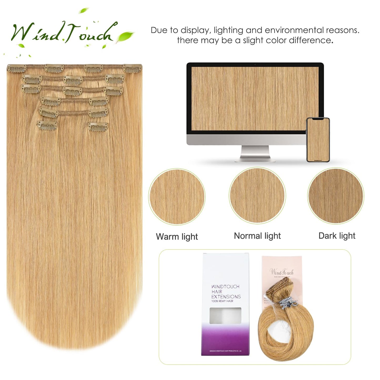 WindTouch Clip in Hair Extensions Human Hair Honey Blonde Hair Extensions 15Inch 75g 7PCS #27