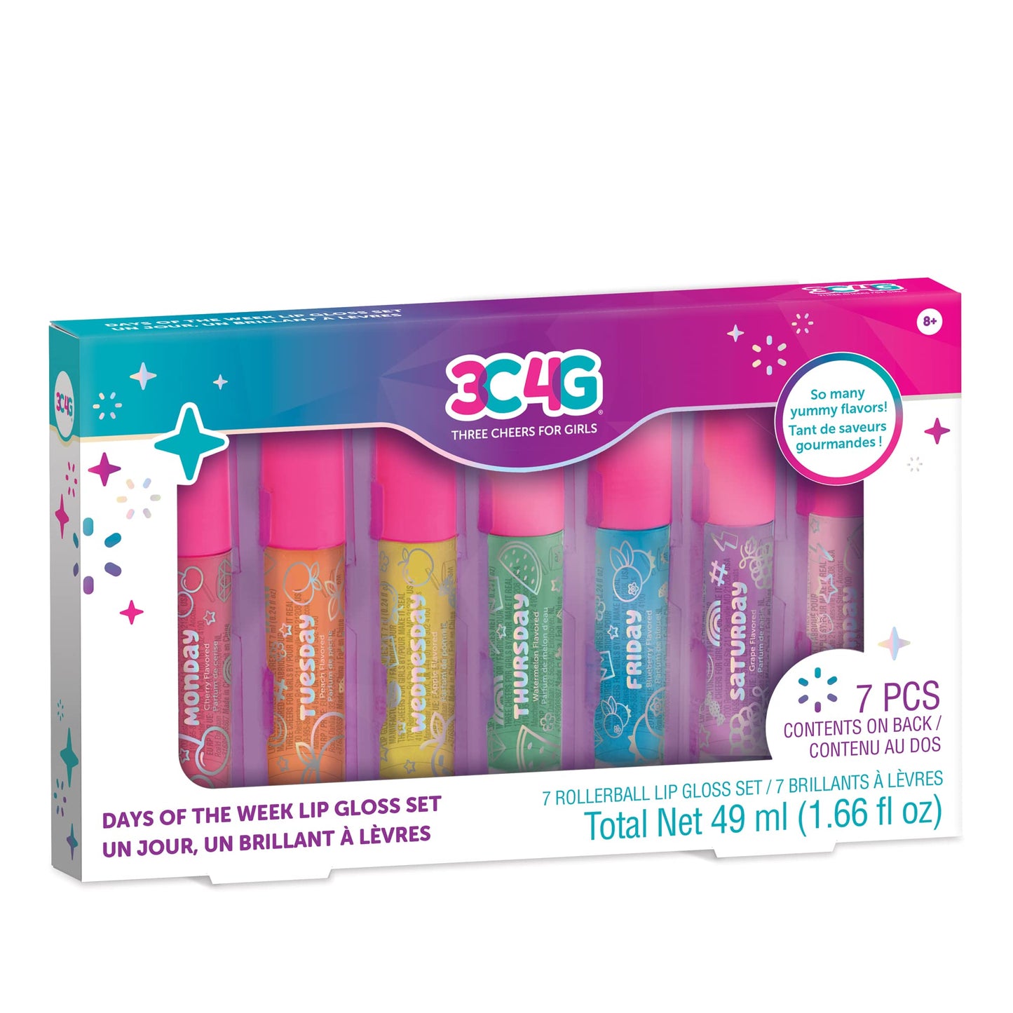 Make It Real 3C4G Days of the Week Lip Gloss Set - 7 Pack Kids Lip Gloss Kit - Clear Flavored Roll On Lip Gloss for Girls & Teens