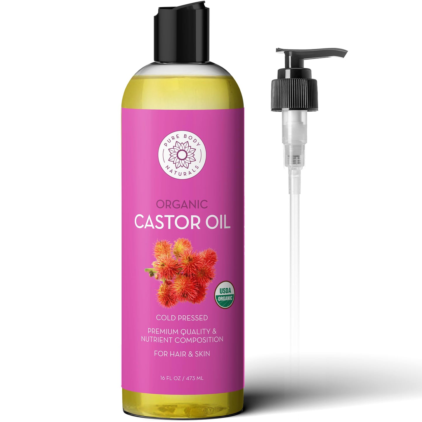 Pure Body Naturals Castor Oil for Face, Hair Growth, Skin, and Body - Cold Pressed Organic Castor Oil Aceite De Ricino Hexane Free Unrefined - 16 fl