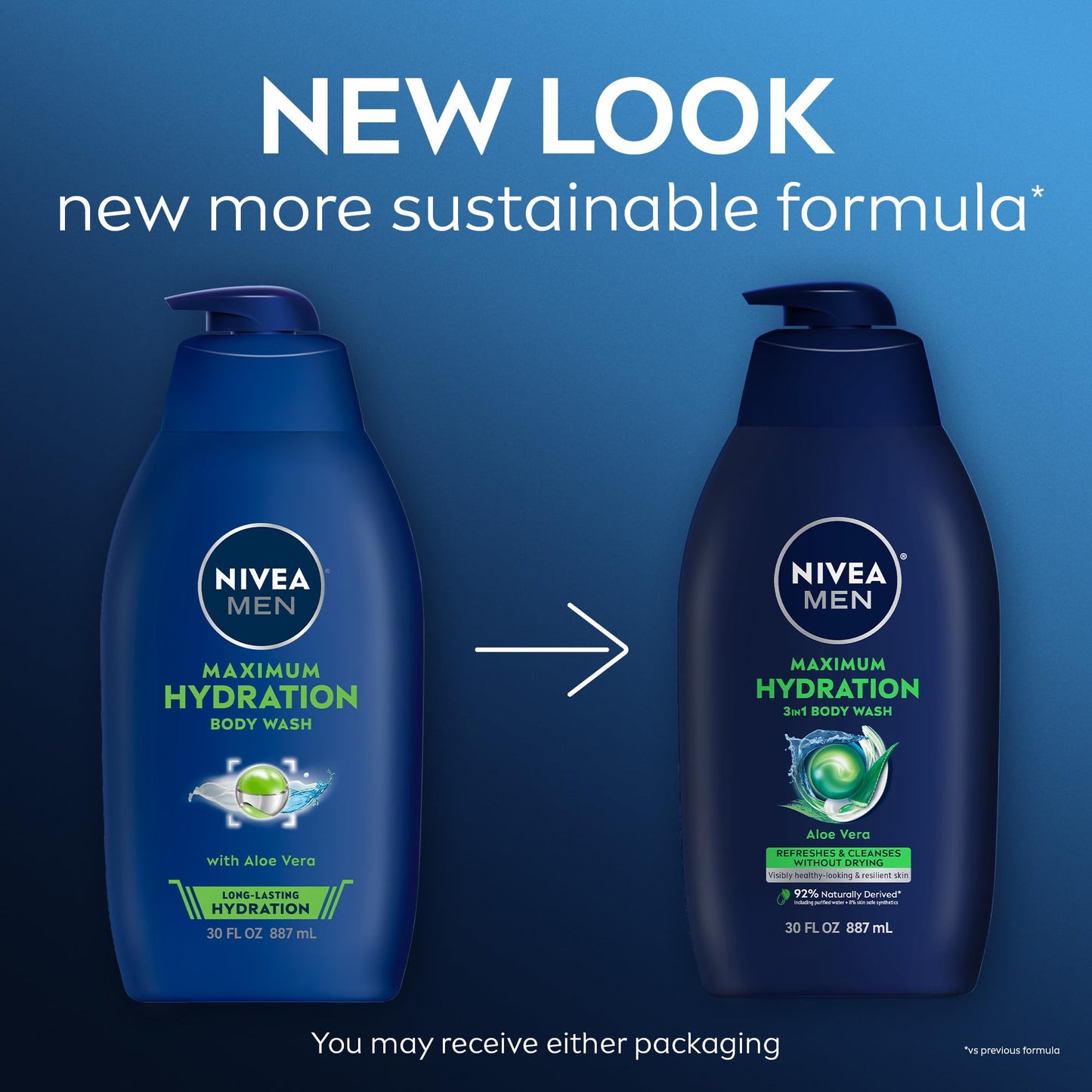 Nivea Men Maximum Hydration Body Wash for Dry Skin, Aloe Vera Enriched, 3-in-1 Moisturizing Body Wash, Face and Hair, Paraben Free, Vegan Formula, 30