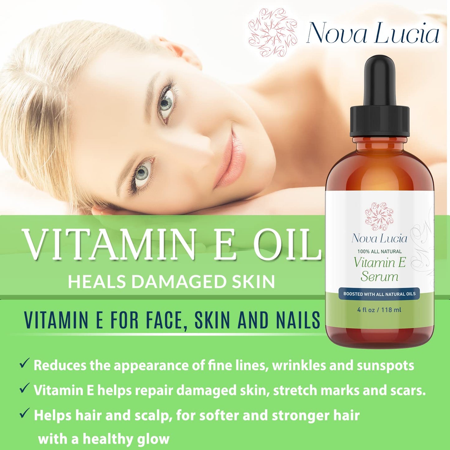 Nova Lucia Organic Vitamin E Oil - Pure Vitamin E for Skin, Face & Hair | Scar & Stretch Mark Treatment, Natural Moisturizer for Soft, Smooth