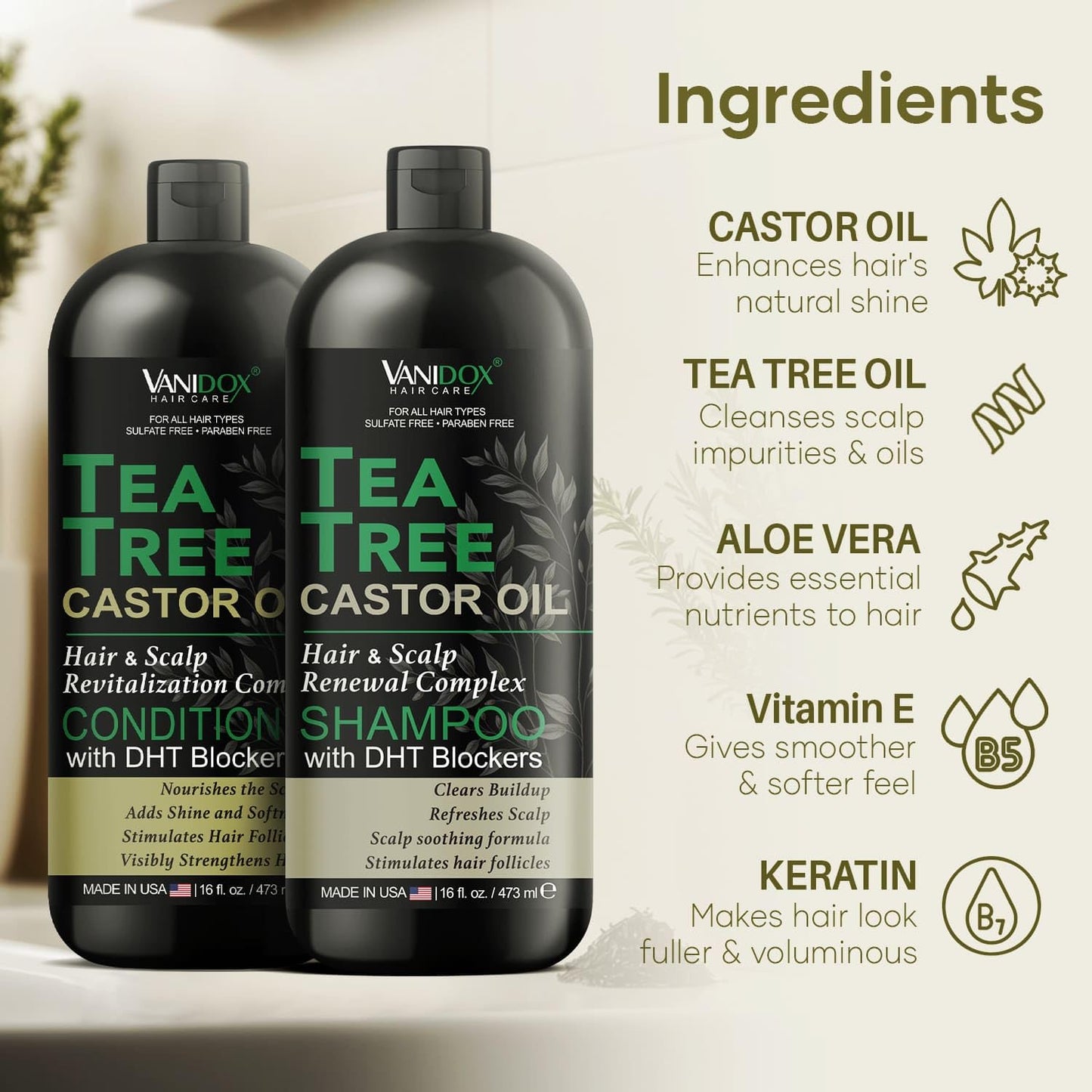 Tea Tree Oil Shampoo and Conditioner Set with Castor Oil, DHT Blockers, Itchy Scalp Relief, Supports Fuller Hair, Cleanses Dandruff & Buildup, For Men
