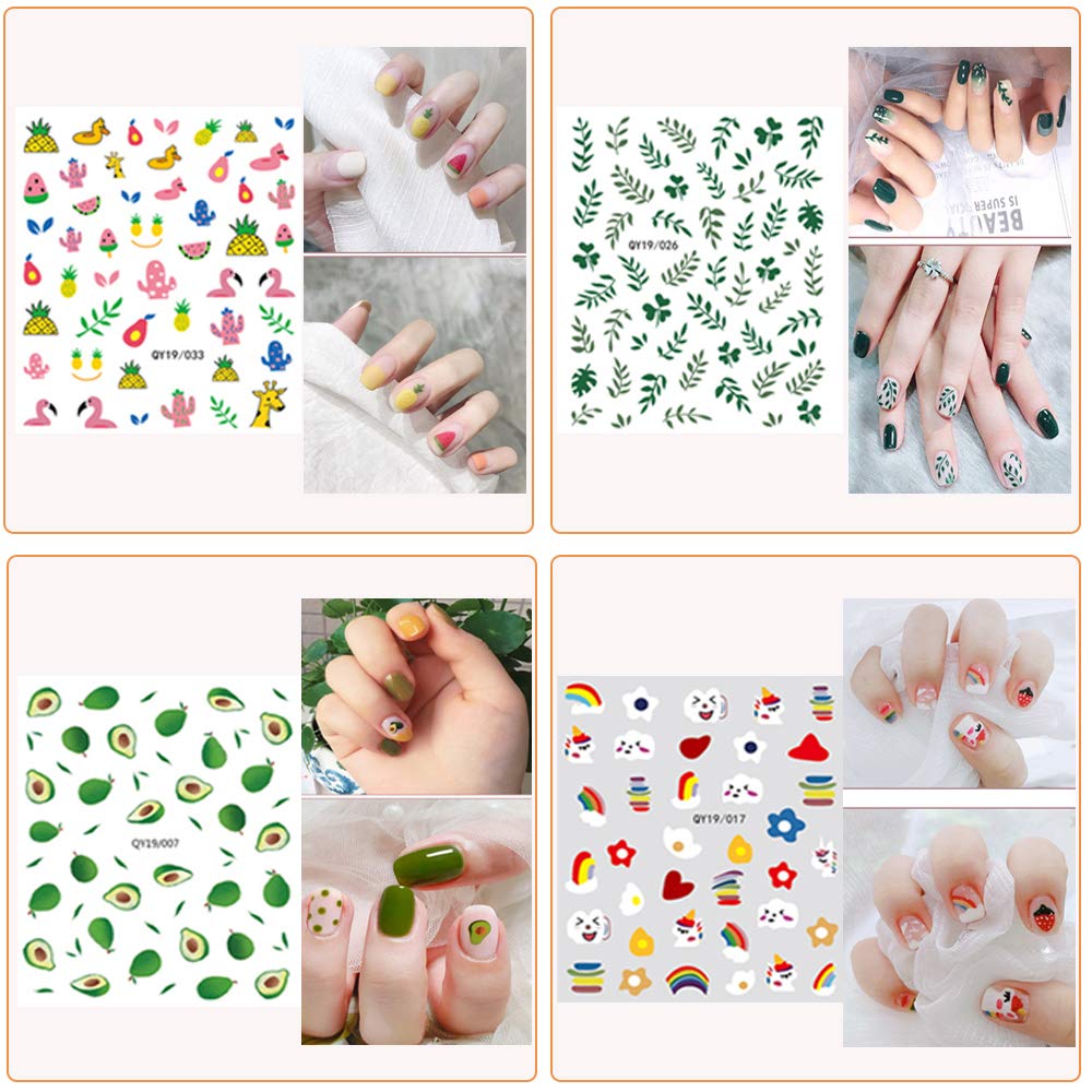 Nail Stickers for Women and Little Girls - 12 Sheets 3D Self-Adhesive DIY Nail Art Decoration Set Including Flowers Leaves Animals Plants Fruits Nail