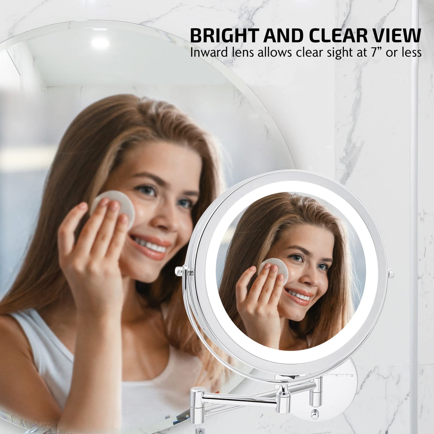 OVENTE Wall Mounted Lighted Makeup Mirror, 9" Double Sided 1X/10X Magnifying Vanity Mirror for Bathroom with LED Lights, Cordless, 360° Rotation