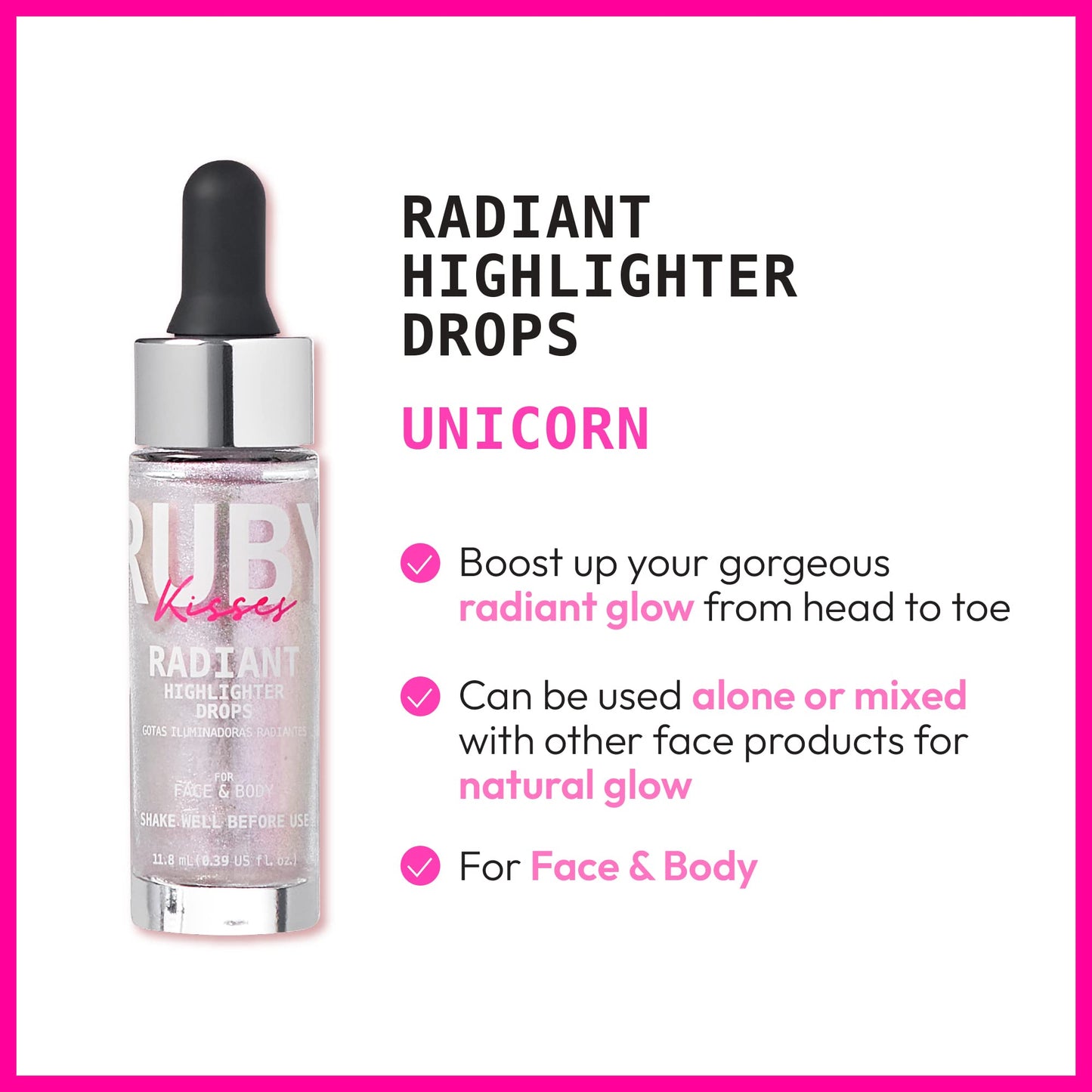 Ruby Kisses Radiant Drops, Shimmer Liquid Highlighter Makeup, Smooth Illuminator for Face Body, Natural Glow Dewiness Glitter for Skin (Unicorn)