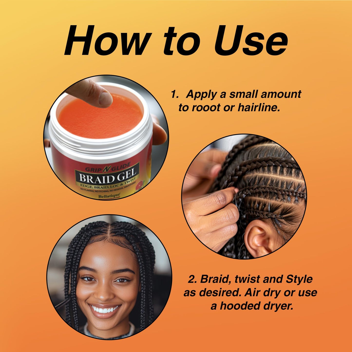 BELLATIQUE GRIP N GLIDE Braiding Gel Maximum Hold for LOC & Twist - No Flaking, No Whitening, Fast Drying, High Shine, Cool & Refreshing, Long Lasting