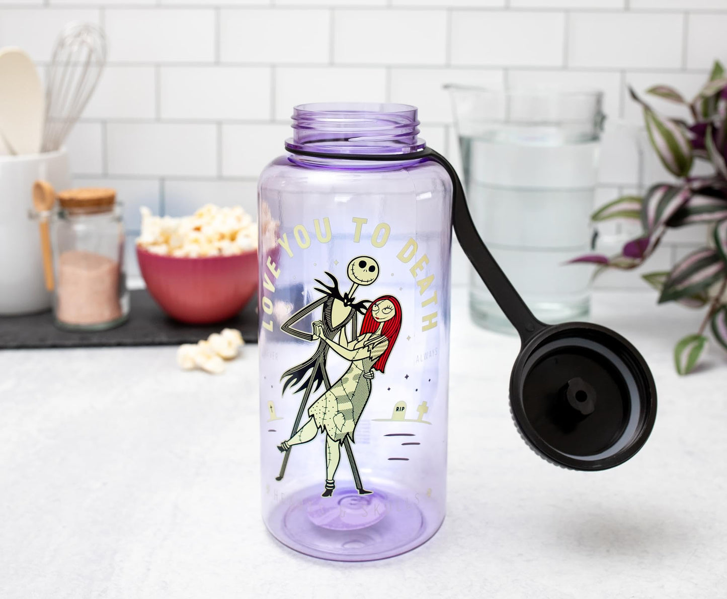 Disney The Nightmare Before Christmas Love You To Death Plastic Water Bottle With Spill-Resistant Sports Cap Lid | Holds 34 Ounces