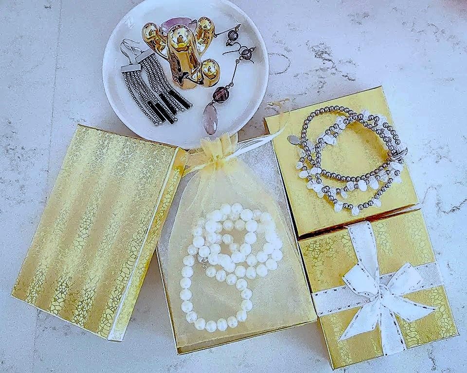 RJ Displays 10 Pack Gold Foil Cotton Filled Color Paper Jewelry Packaging Box for Necklace, Bracelets, Watches, Jewelry Sets and Retail Display Boxes…