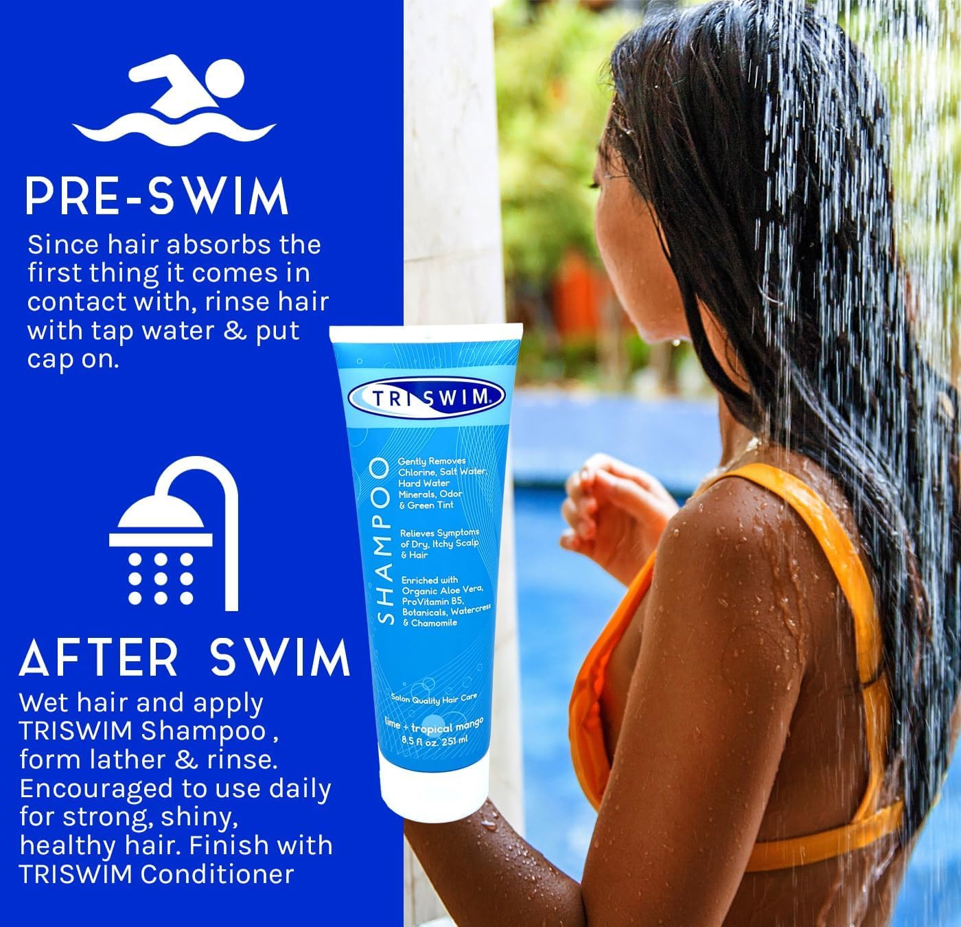 TRISWIM Chlorine Removal Shampoo 8.5 Fl Oz | Gently Removes Chlorine, Salt Water, and Hard Water Buildup | Relieves Dry and Itchy Scalp | Enriched