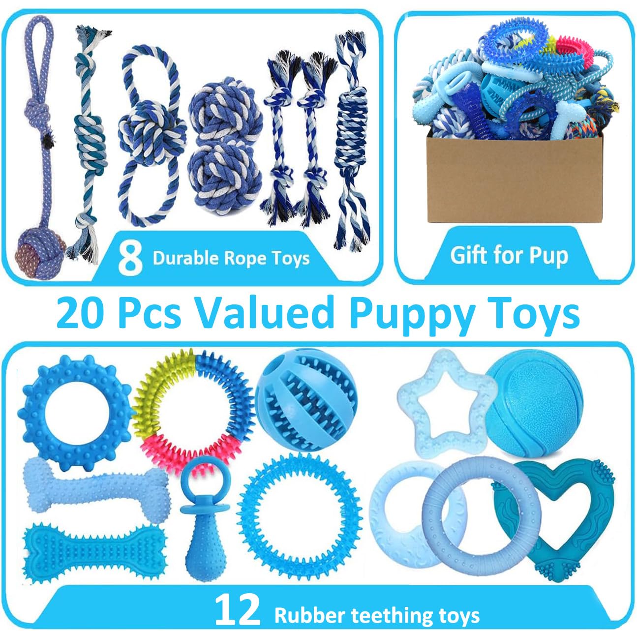 Beiker 20 Pack Puppy Chew Toys - Blue Teething Rings, Ropes & Rubber Balls for Small Dogs, Interactive Puppy Toys Bundle for Small Breeds