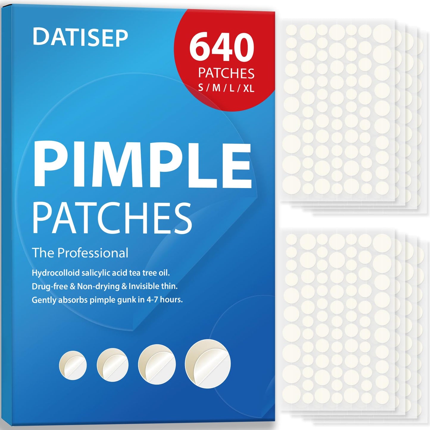 DATISEP Pimple Patches for Face, 640 Count Hydrocolloid Patch Acne Patches,4 Sizes Zit Patches for Covering, Blemishes and Breakouts, Dots Stickers Beauty and Personal Care DATISEP