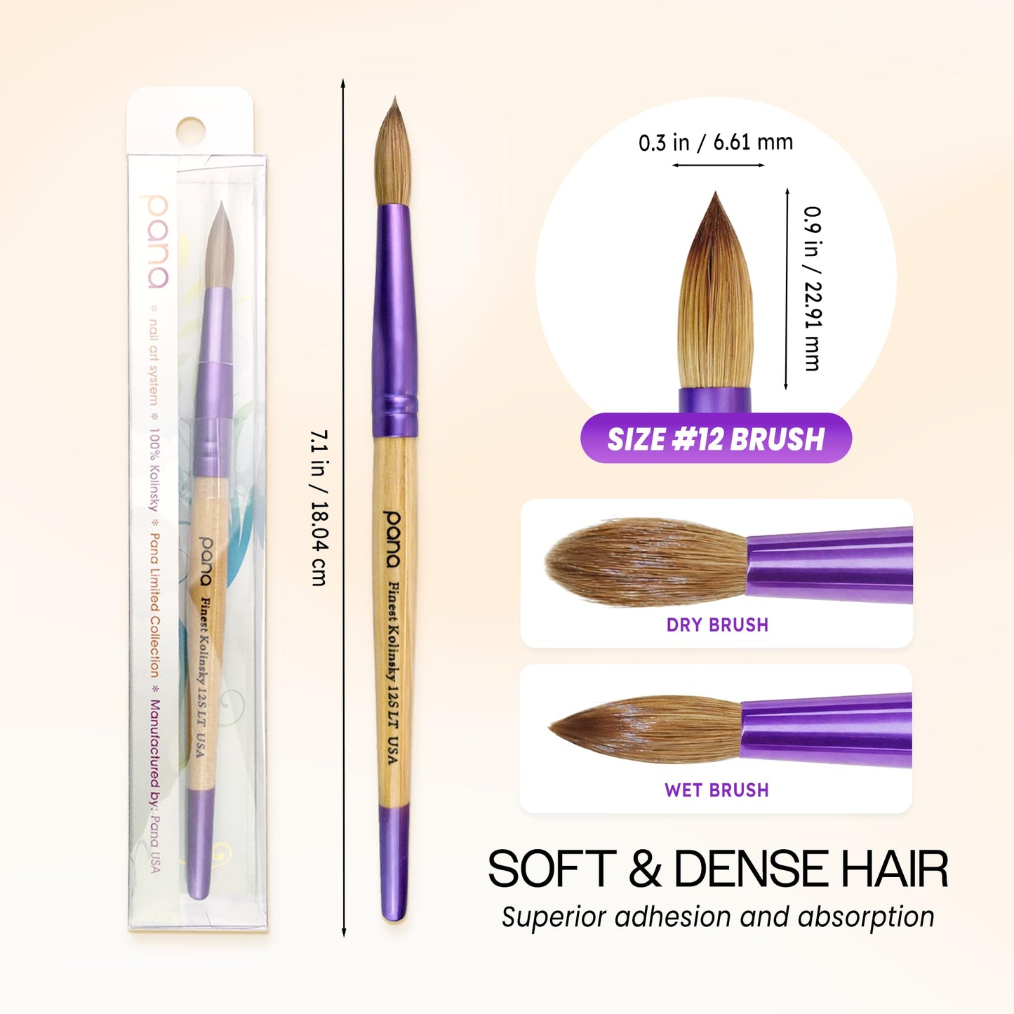 Pana USA Acrylic Nail Brush100% Pure Kolinsky Hair New LIMITED EDITION BEIGE PURPLE Wood Handle with Purple Ferrule Round Shaped Style (Size # 12) Beauty & Personal Care PANA