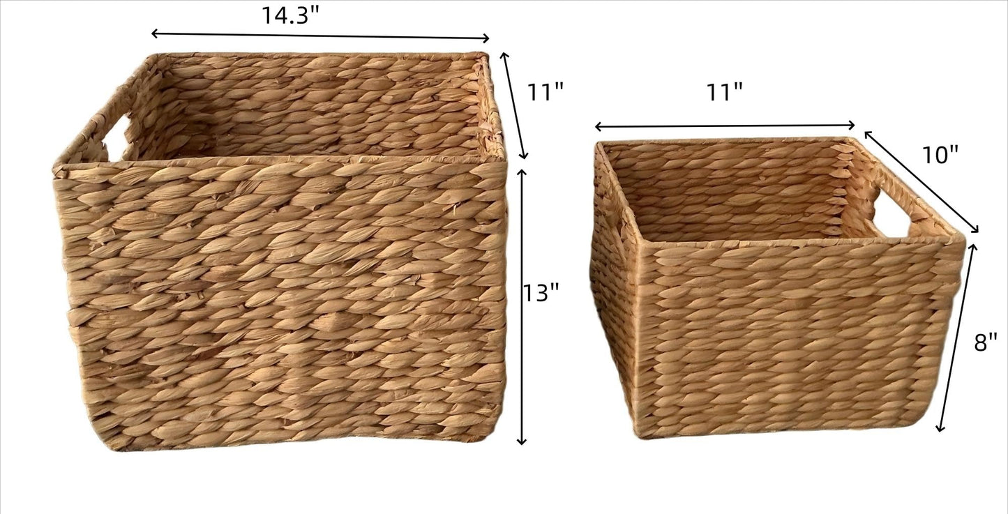 14" and 11" Handwoven Water Hyacinth Storage Baskets with Handles, Set of 2 - Natural Square Woven Organizer Bins for Shelves, Closet, or Living Room…