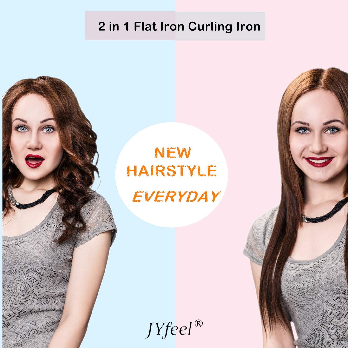 JYfeel 2-in-1 Flat Iron & Curling Iron, Travel Hair Straightener and Curler Combo with 1" Ceramic Plate, Dual Voltage, Rose Gold