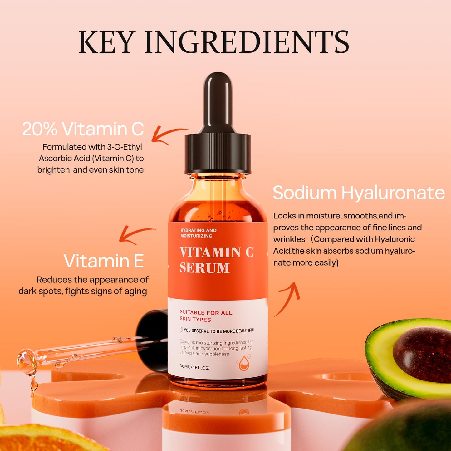 Vitamin C Serum For Face-Anti Aging & Wrinkle Facial Serum With Vitamin C,Sodium Hyaluronate,Vitamin E And More,Skin Brightening Serum For Dark