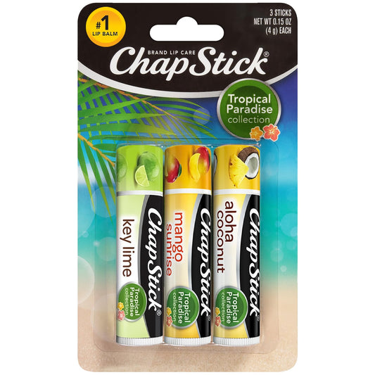 ChapStick Lip Care Set, Tropical Paradise Collection 3-Pack - Mango Sunrise, Key Lime & Aloha Coconut Lip Balm, 0.15 Oz Ea