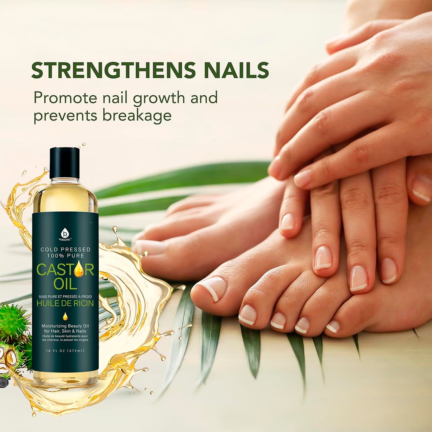 Pursonic Castor Oil (16oz) Cold-Pressed, 100% Pure, Hexane-Free Castor Oil-Moisturizing & Healing, For Dry Skin, Hair Growth - For Skin, Hair Care