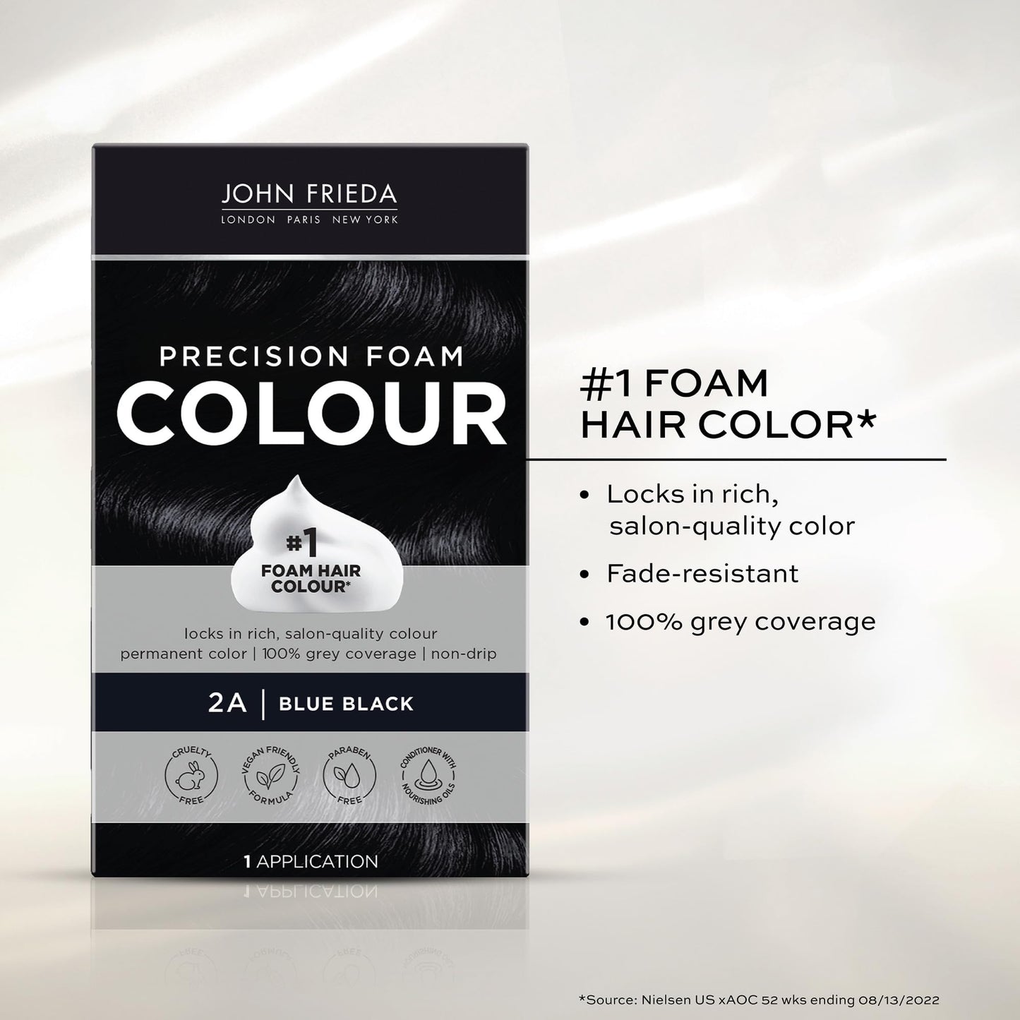 John Frieda Precision Foam Colour, Blue Black 2A, Full-coverage Hair Color Kit, Anti-Fade Gray Coverage, Deep Color Saturation Hair Dye, 1 Application