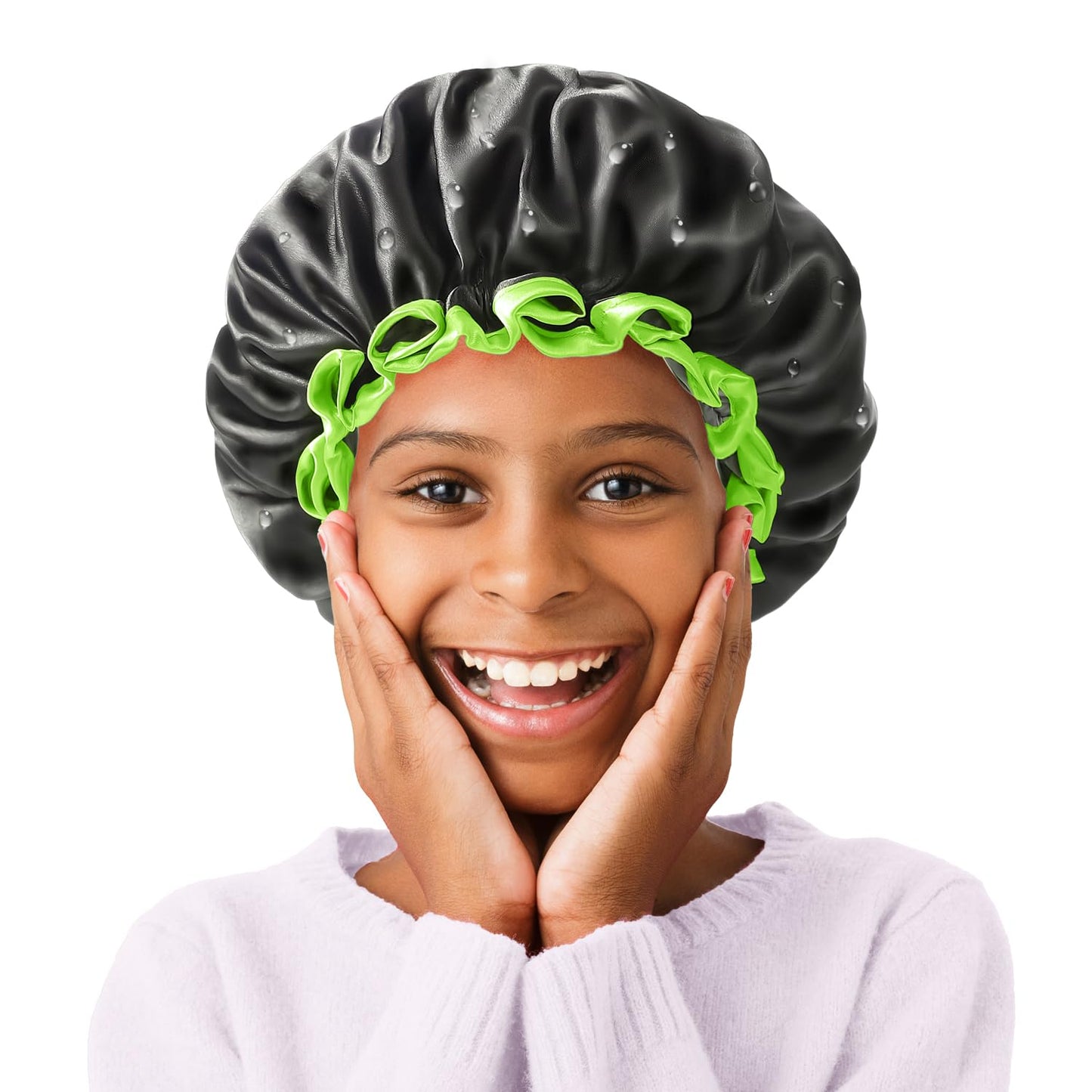 mikimini Black Shower Caps for Small Child 2 Packs, Double Layers Waterproof Bathing Hair Cap with Reusable Soft Comfortable PEVA Lining, Cute