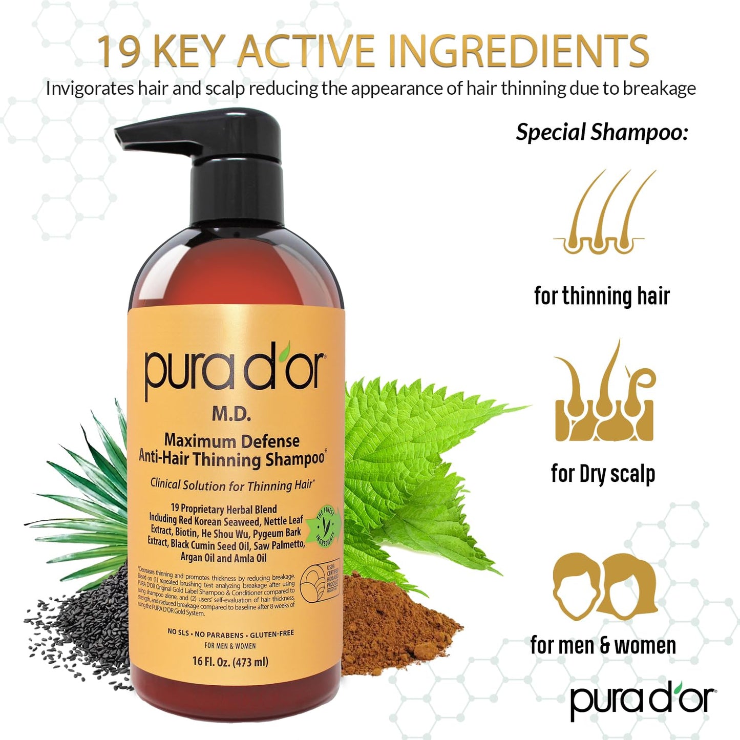 PURA D'OR MD Anti-Thinning Biotin Shampoo & Conditioner Set 16oz x2 – Coal Tar Herbal Blend for Thicker Hair & Scalp Health, Men & Women