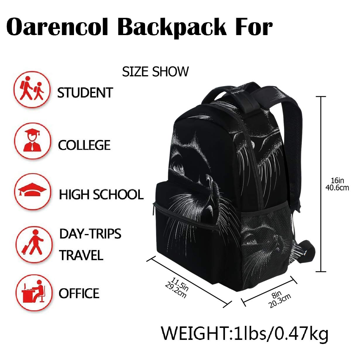 Oarencol Cute Print Style Cat Black Art Kitten Animal Backpacks Bookbags Daypack Travel School College Bag for Women Men Boys