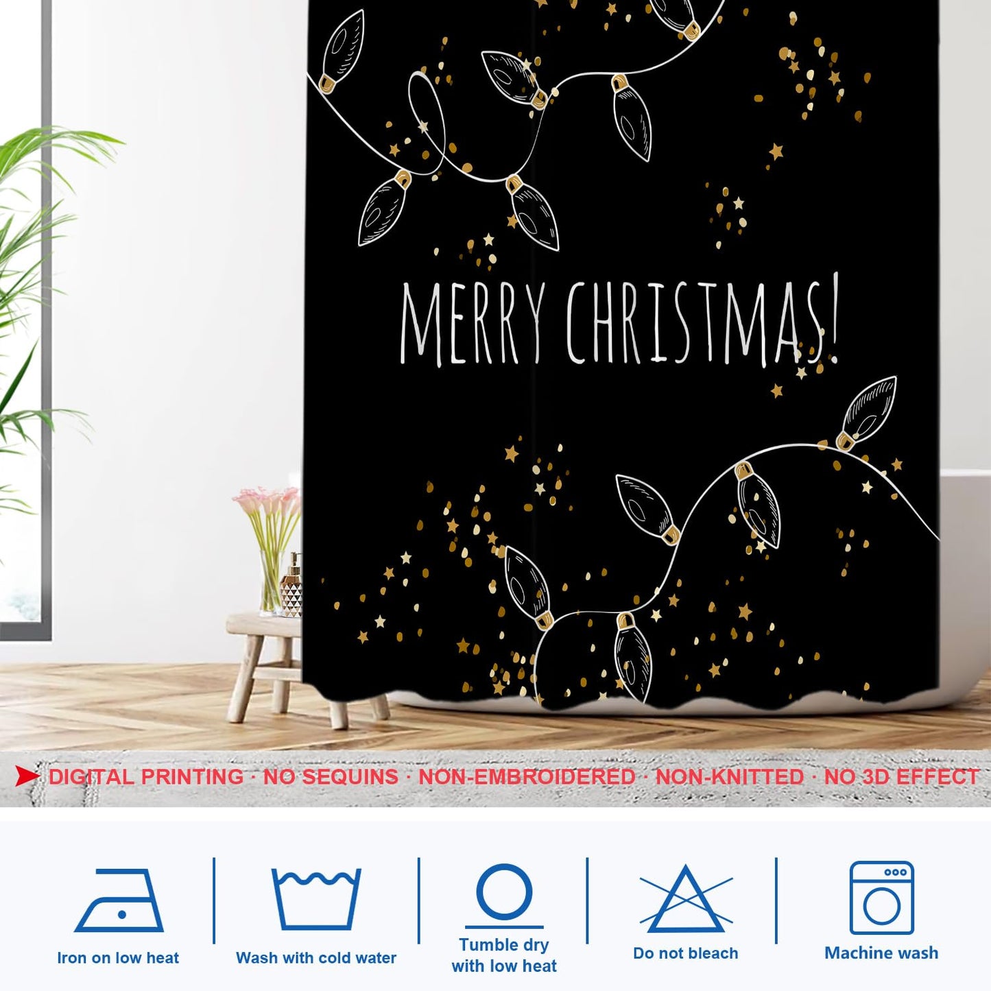 Shrahala Christmas Black Decorative Shower Curtain - Green Gold Stars for Bathroom Decor, Waterproof With Grommets, 72x72 Inch