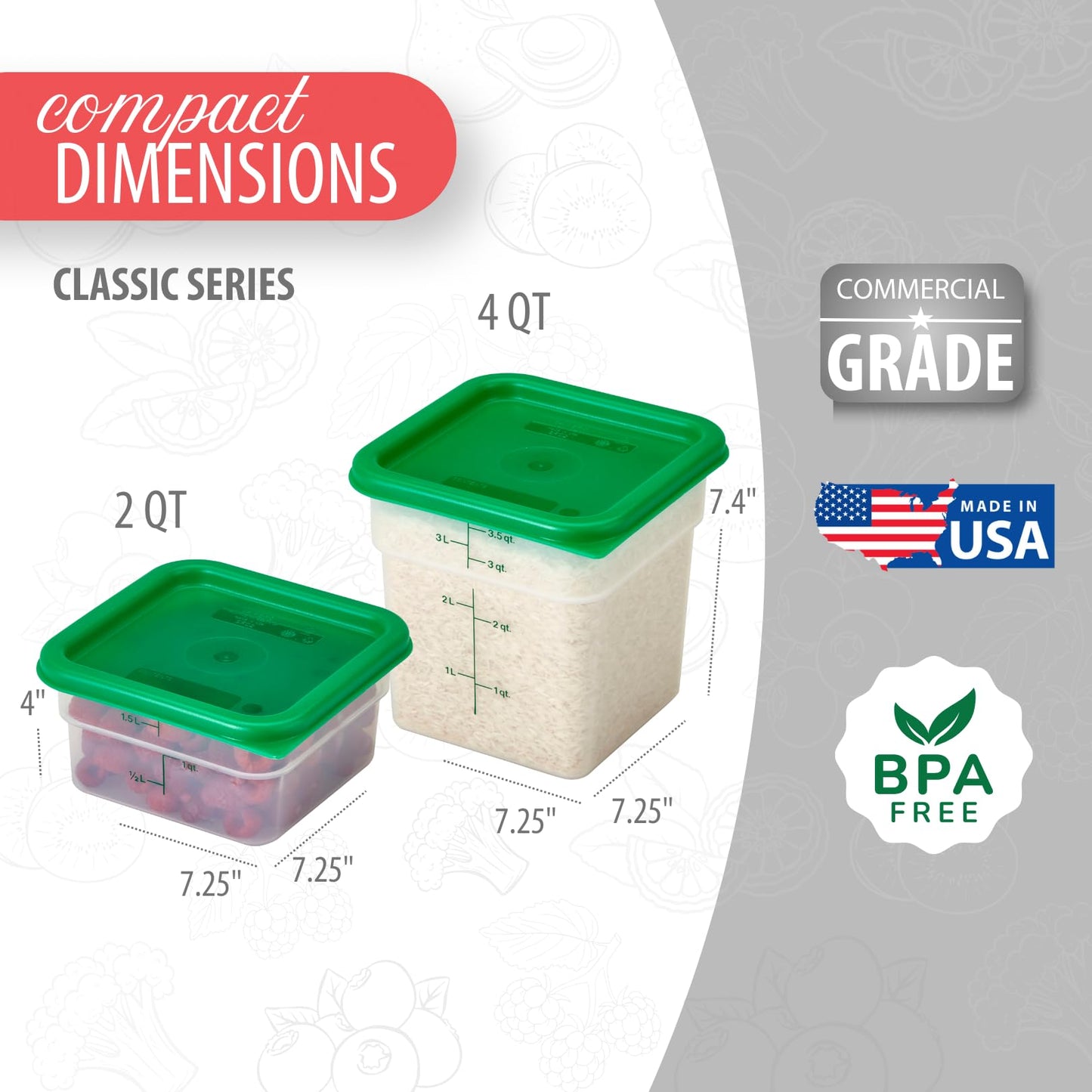 Cambro Food Storage Container with Lid (Microwave Safe and BPA-Free) - 2 Pack - Classic Series Square with Green Lid - 2 and 4 QT (Quart)…