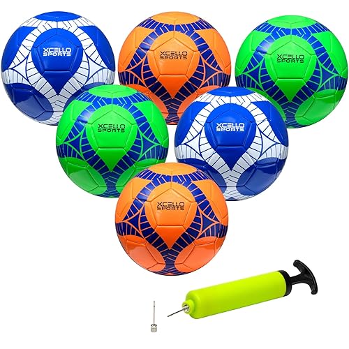 Xcello Sports Soccer Ball Size 4 Assorted Graphics (Orange, Green, Navy) with Pump (Pack of 6)