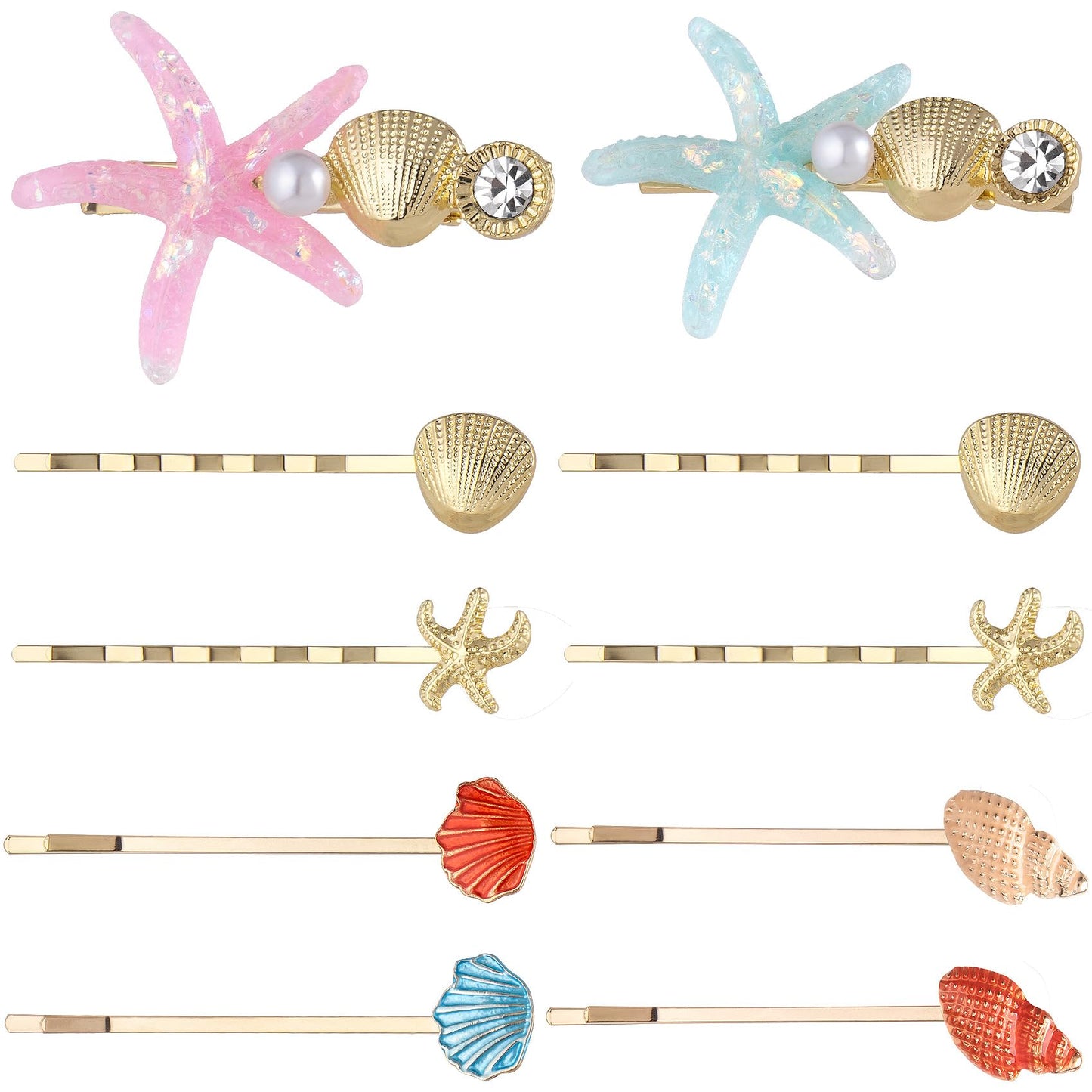 HINZIC 10 Pack Mermaid Starfish Hair Clips, Seashell Pearls Crystal Hair Sticks, Sparkling Sea Star Bobby Pins Ponytail Holder, Faux Wedding Headpiece