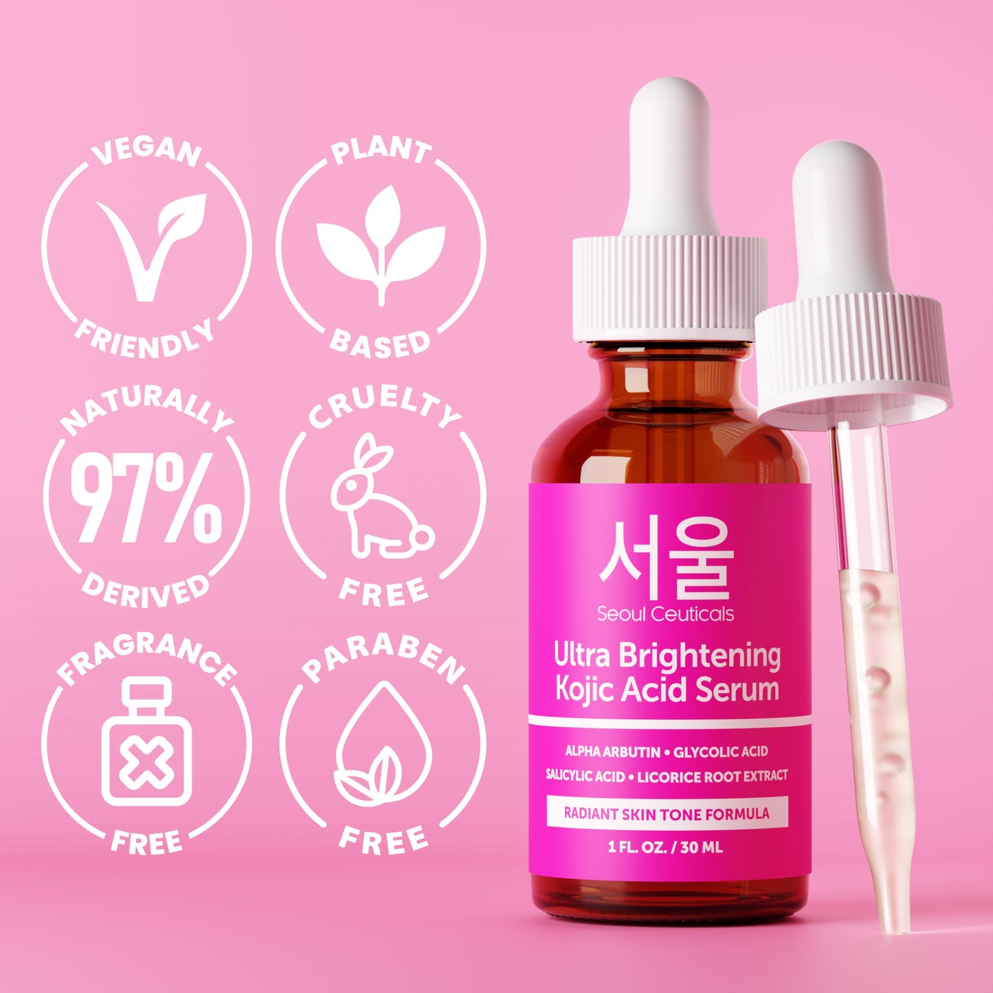 SeoulCeuticals Korean Skin Care Kojic Acid Serum Alpha Arbutin - Dark Spot Remover Corrector Glycolic Acid + Salicylic Acid K Beauty 1oz