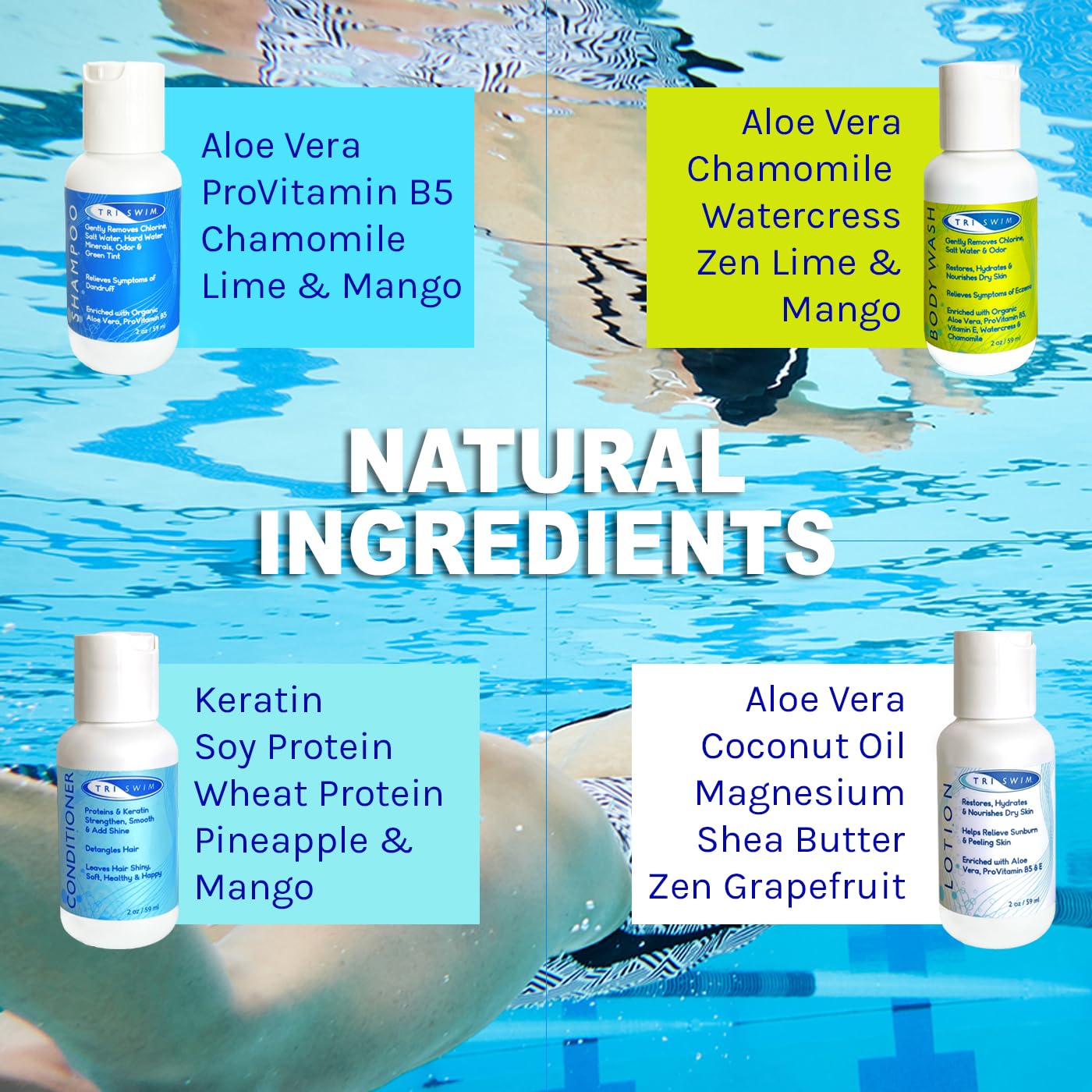 TRISWIM Shot Set in Travel Bag | 2oz Travel Size Chlorine Removal Shampoo, Swimmer’s Conditioner, Swim Body Wash and Lotion | Removes Chlorine