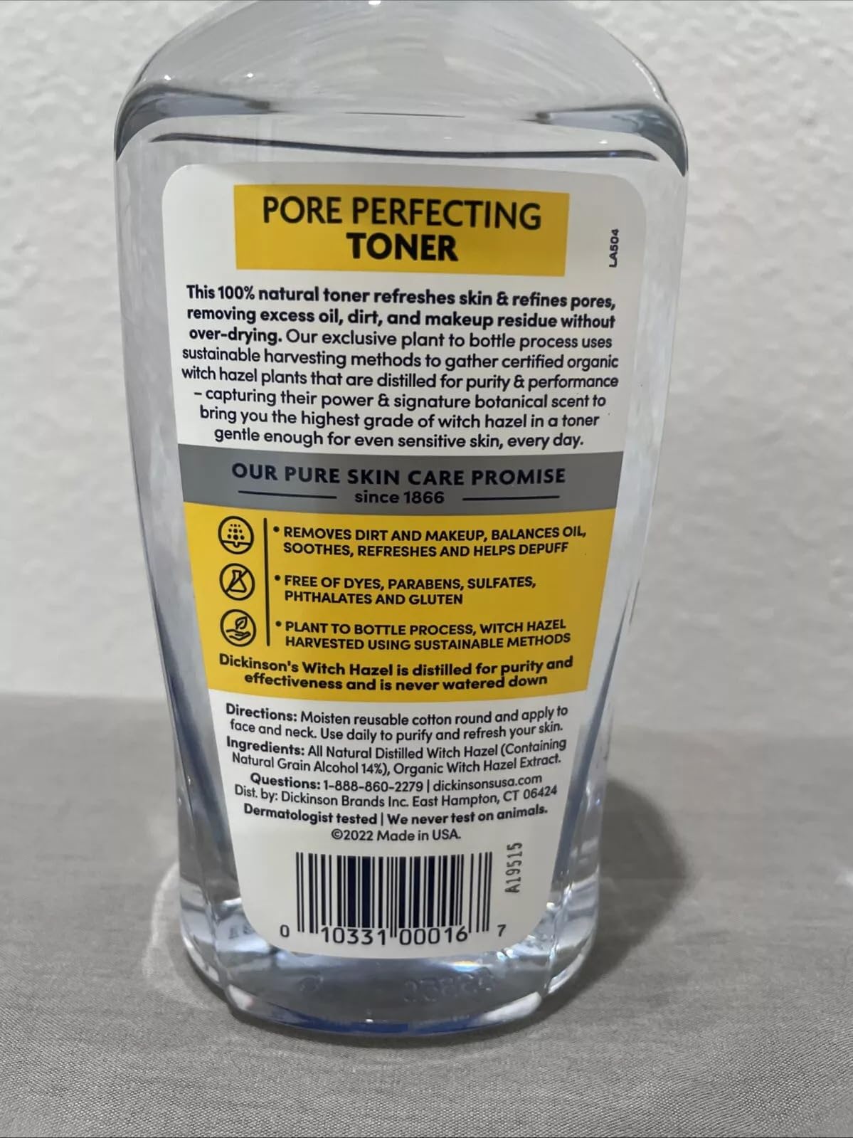 Dickinson's Original Witch Hazel Pore Perfecting Toner, 100% Natural, 16 Ounce Fragrance Free