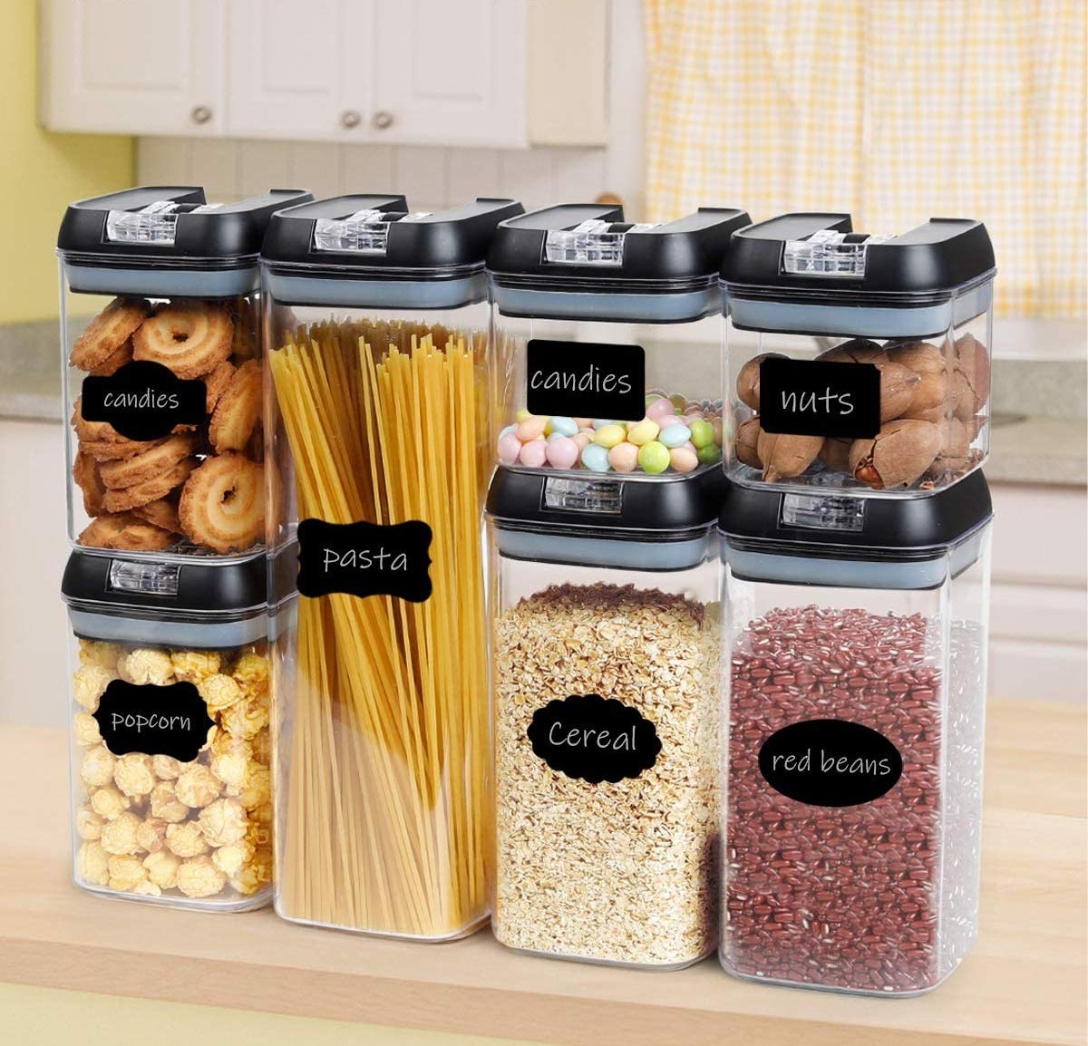 Alphx Innovations Set of 7 Airtight Food Storage Containers - Pantry Organizer Bins, BPA Free Plastic Containers plus Dry Erase Marker and Labels…