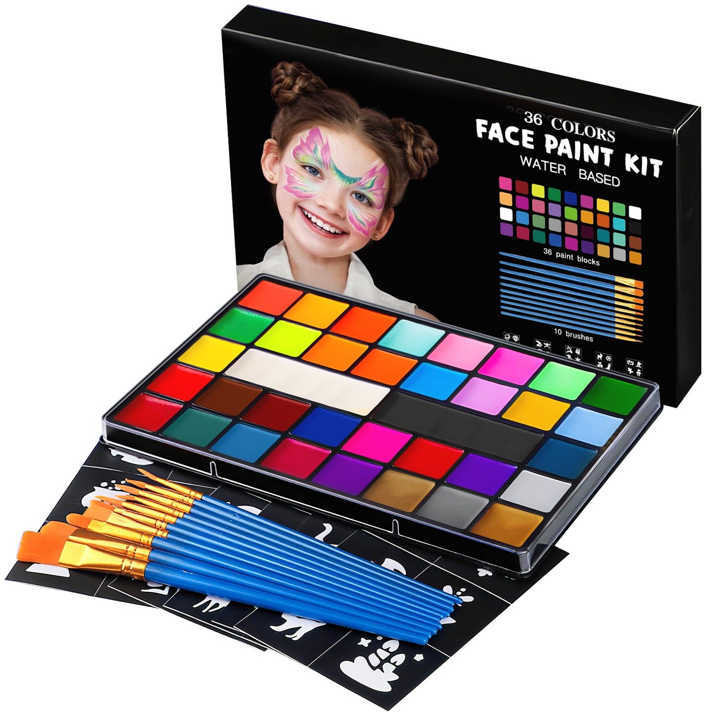 Face Painting Kit for Kids, 36 Colors Water Activated Face Paint with Brushes & Stencils, Non-Toxic Halloween Makeup Kit, Professional Face Body Paint