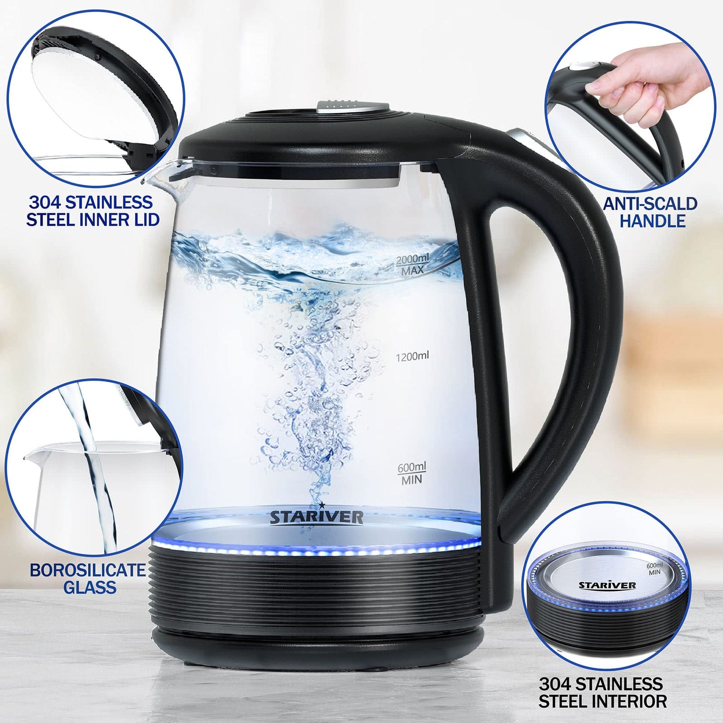 Stariver Electric Kettle, BPA-Free Glass Tea Kettle with LED, 2L Hot Water Kettle with Fast Boil, Auto Shut-Off & Boil-Dry Protection, Stainless…
