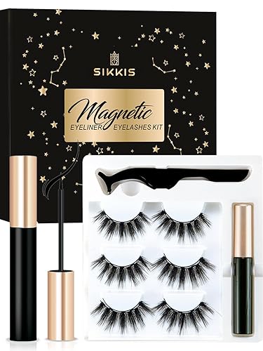 Sikkis Magnetic Eyelashes with Eyeliner - Magnetic Eyeliner and Lashes Kit, 5D Faux Mink Lashes,Eyelashes Long Reusable False Lashes (3 Pairs)