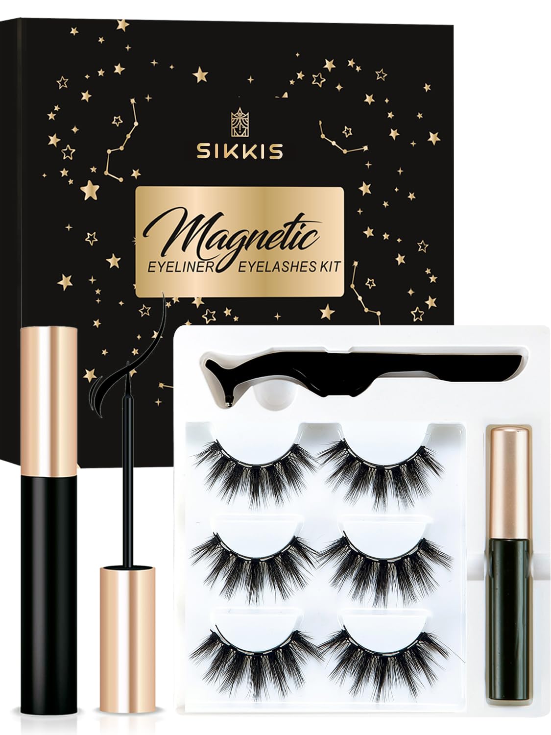 Sikkis Magnetic Eyelashes with Eyeliner - Magnetic Eyeliner and Lashes Kit, 5D Faux Mink Lashes,Eyelashes Long Reusable False Lashes (3 Pairs)
