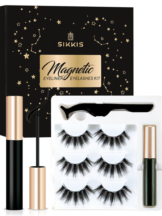 Sikkis Magnetic Eyelashes with Eyeliner - Magnetic Eyeliner and Lashes Kit, 5D Faux Mink Lashes,Eyelashes Long Reusable False Lashes (3 Pairs)