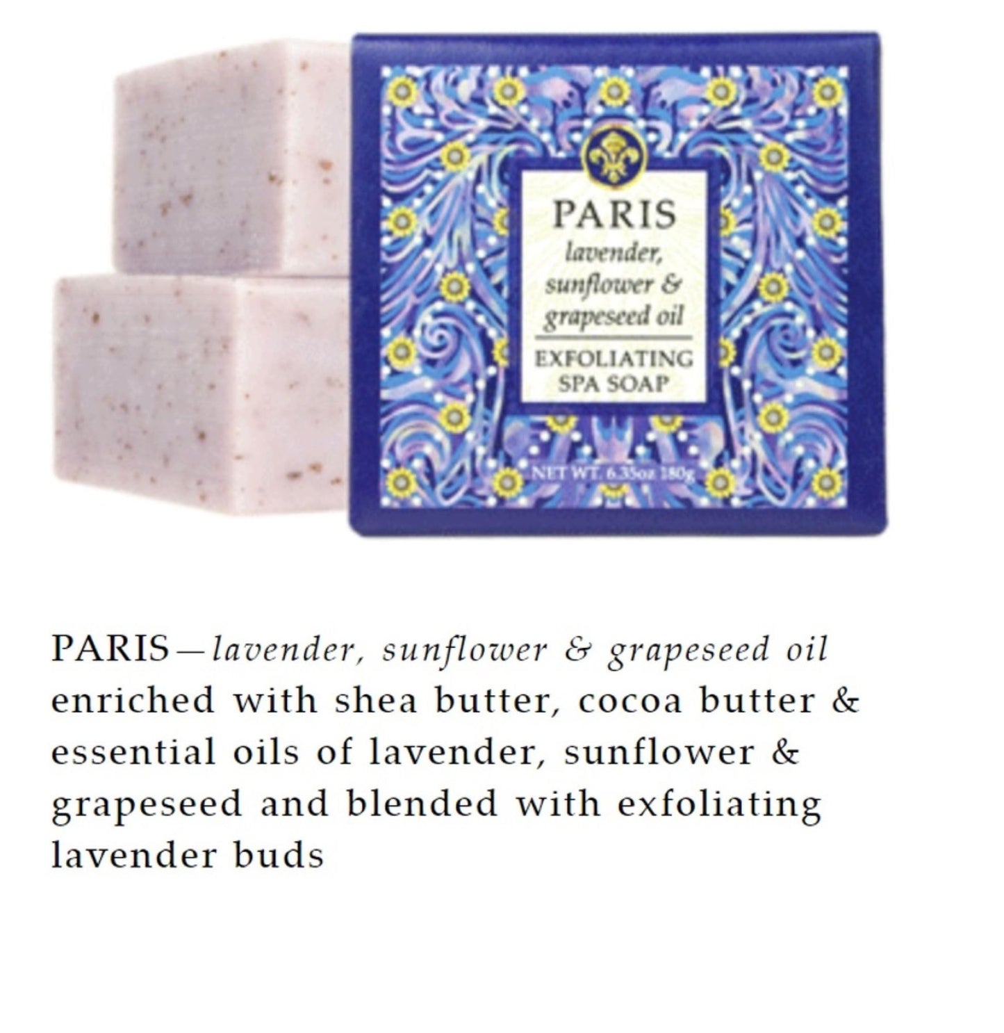 Greenwich Bay Trading Co., Paris Exfoliating Spa Soap, Set of 3 Square Bars, 6.35 Ounces Each