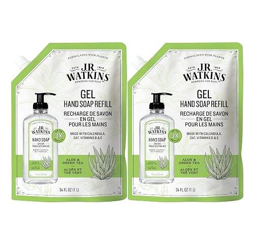J.R. Watkins Gel Hand Soap Refill Pouch, Scented Liquid Hand Wash for Bathroom or Kitchen, USA Made and Cruelty Free, 34 fl oz, Aloe & Green Tea, 2