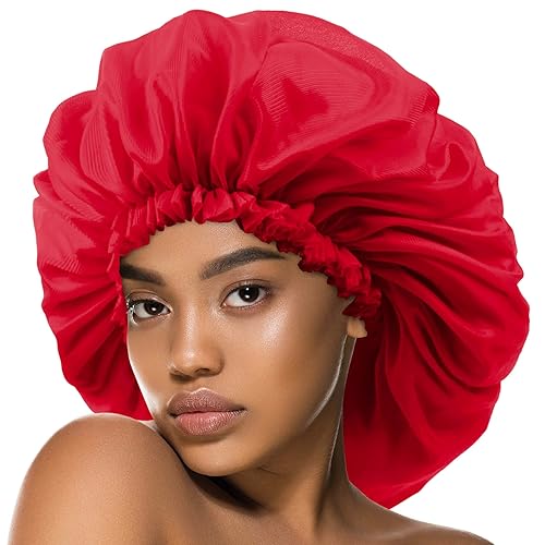Argan & Black Castor Treatment Caps Satin Sleep Cap Bonnet Hair Accessories Shower Caps for Women Reusable Waterproof Super Jumbo Red