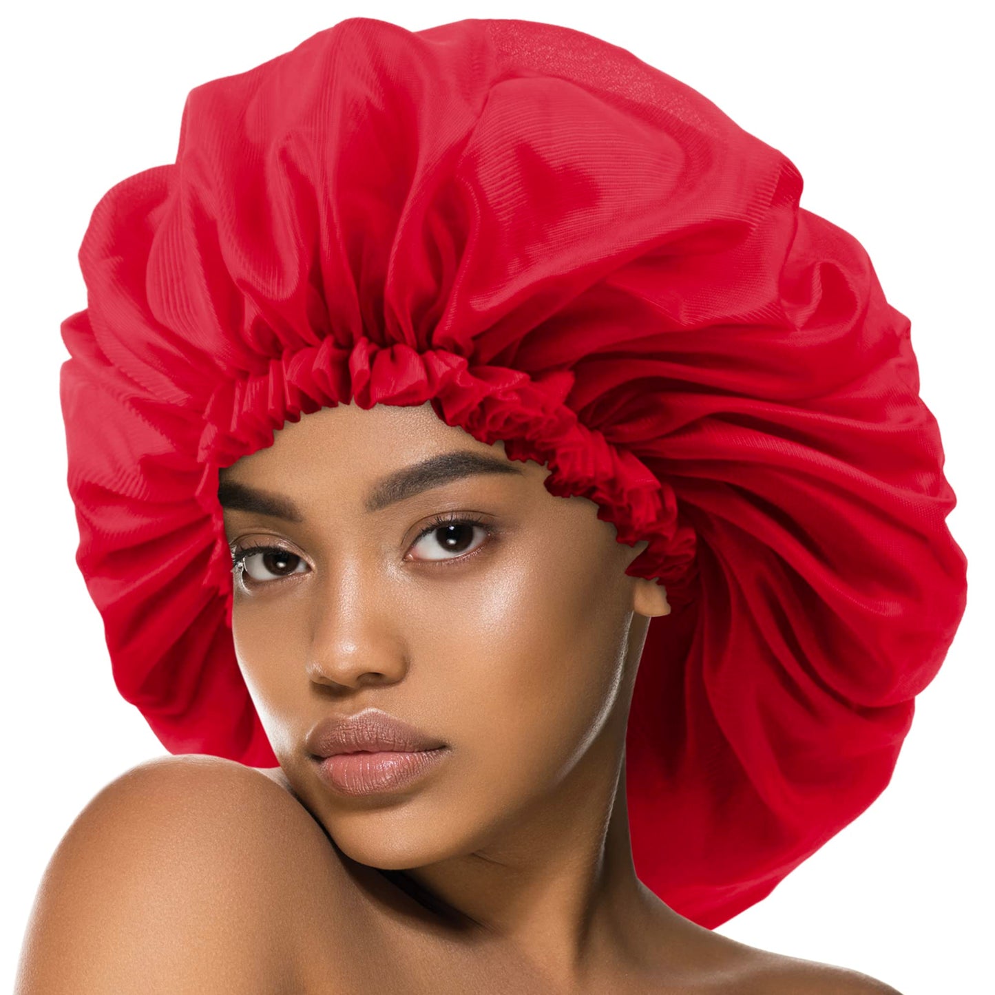 Argan & Black Castor Treatment Caps Satin Sleep Cap Bonnet Hair Accessories Shower Caps for Women Reusable Waterproof Super Jumbo Red