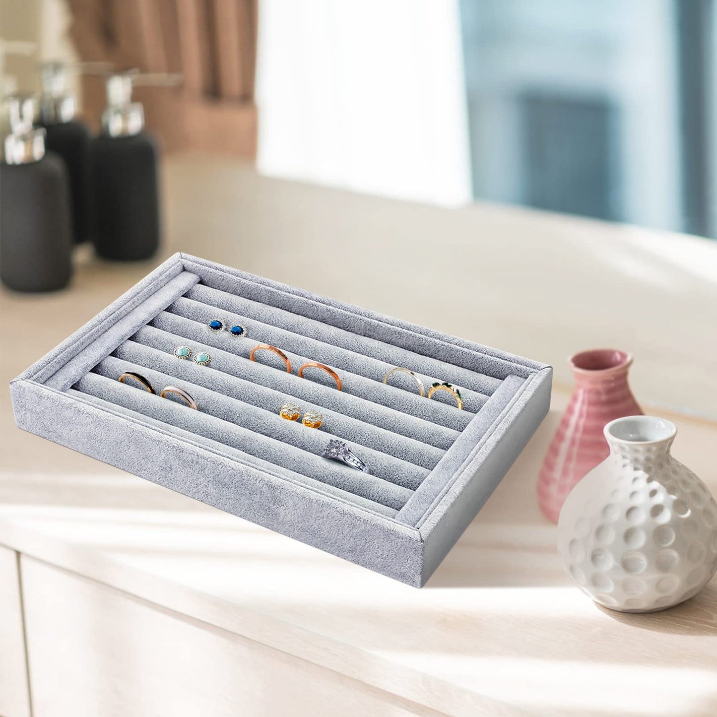 Estink Velvet Ring Earrings Display Box, Cufflinks Trays Showcase Display Ring Insert Case Holder Organizer Great for Gifts,Grey