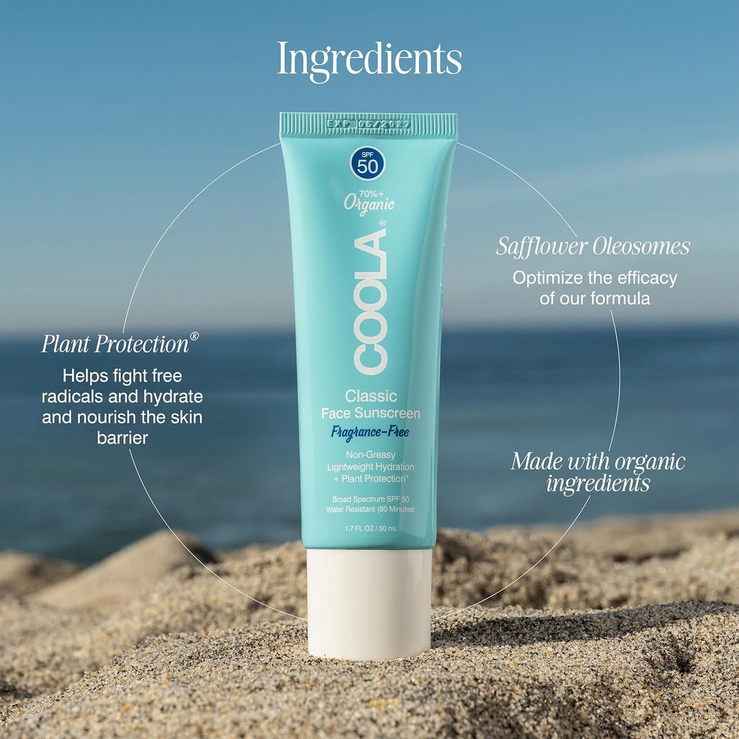COOLA Organic Face Sunscreen SPF 50 Sunblock Lotion, Dermatologist Tested Skin Care for Daily Protection, Vegan and Gluten Free, Fragrance Free, 1.7