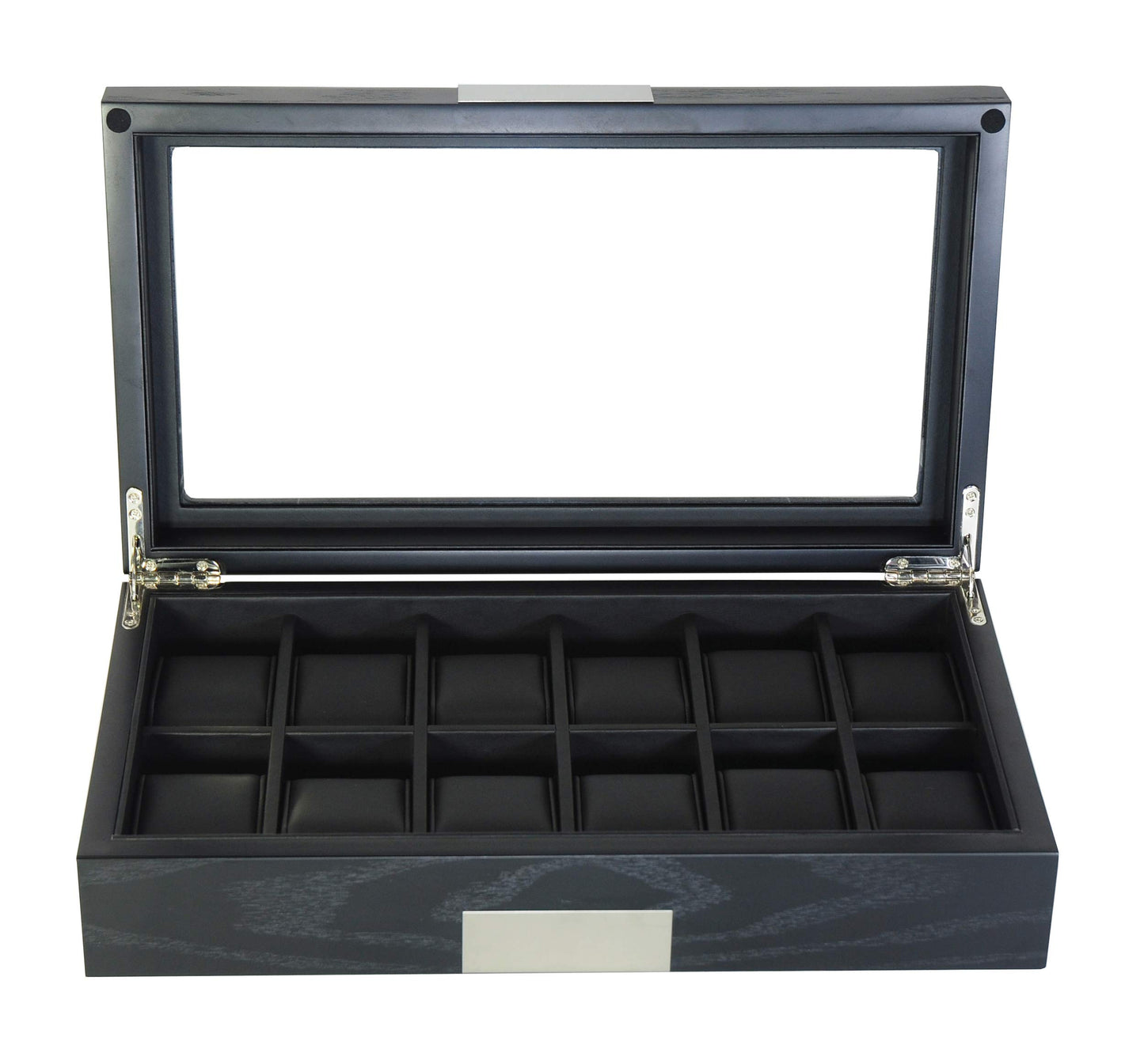 TIMELYBUYS 12 Ebony Wood Watch Box Display Case Storage Jewelry Organizer with Glass Top, Stainless Steel Accents, and Oversized Black Pillows
