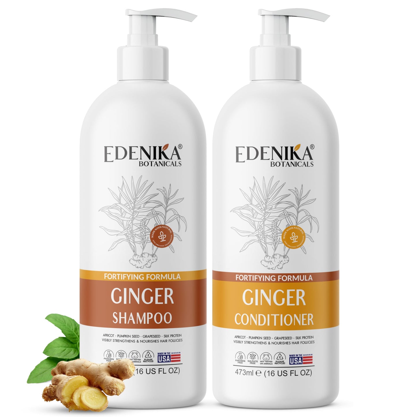 Edenika Botanicals Ginger Shampoo and Conditioner Set, Fortifying Formula with Certified and Organic Ingredients Naturally Nourish, Smooth