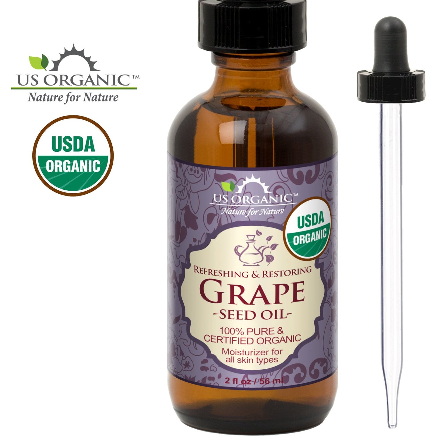 US Organic Grape Seed Oil, USDA Certified Organic, 100% Pure & Natural, Cold Pressed Virgin, Unrefined, in Amber Glass Bottle