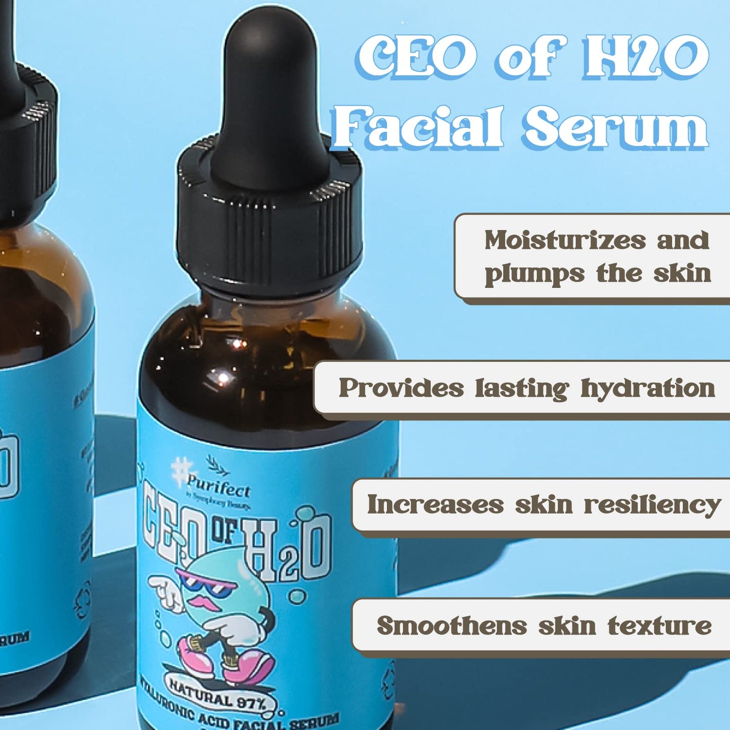 Purifect CEO of H20 Hyaluronic Acid Facial Serum - Ultra Hydrating & Moisturizing Serum for Face, Balances Skin Texture, Vitamin E for Antioxidant